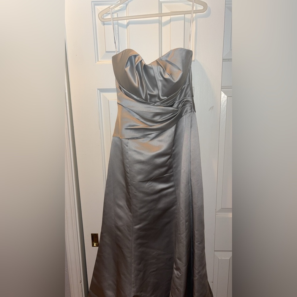 Belsoie BrandElegant Silver Strapless bridesmaids dress.